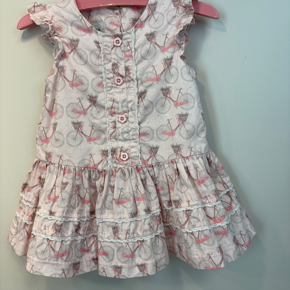 Peppa & Julie 18M Pink Bicycle Print Ruffle Dress Lace Flutter Sleeve Cotton